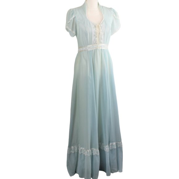 (EUC) Vintage Gunne Sax Jessica Icy Blue White & Lace Accent Prairie Maxi, SZ 13 - Picture 5 of 10